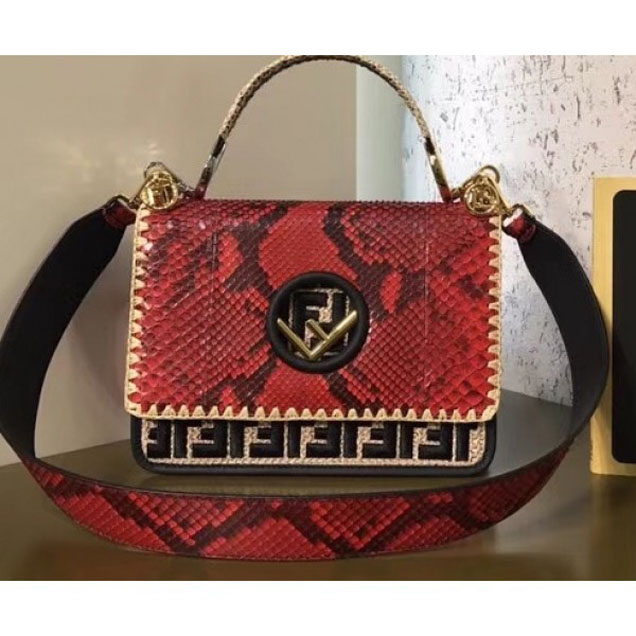 Fendi Python Red Kan I Medium F Logo Bag Raffia Edges And A Raised Embroidered Iconic FF Logo 2018