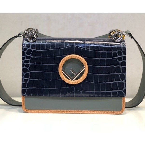 Fendi Kan I F Flap Bag in Crocodile Calfskin Navy Blue 2018