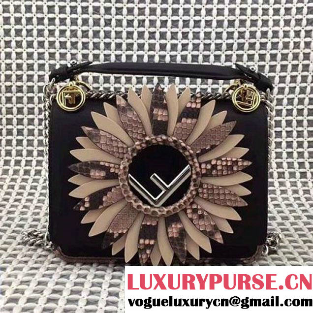 Fendi Gerbera Flower Mini Kan I Logo Bag in Clafskin and Python Black 2017 (AFEI-7101719 )