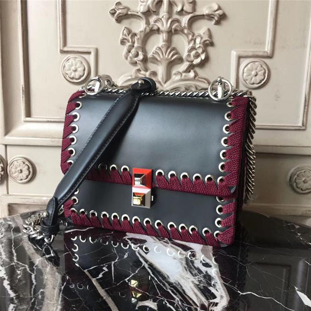 Fendi Kan I Whipstitch with Stones 18cm Calfskin Leather Fall Winter 2017 Bag Collection Black Burgundy