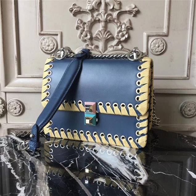 Fendi Kan I Whipstitch with Stones 18cm Calfskin Leather Fall Winter 2017 Bag Collection Navy Yellow