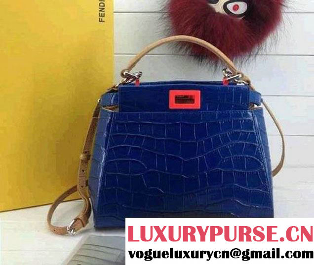 Fendi Croc Pattern Peekaboo Mini Bag Blue with Beige Handle