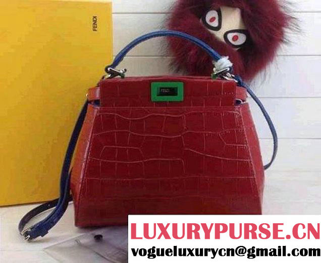 Fendi Croc Pattern Peekaboo Mini Bag Red with Blue Handle