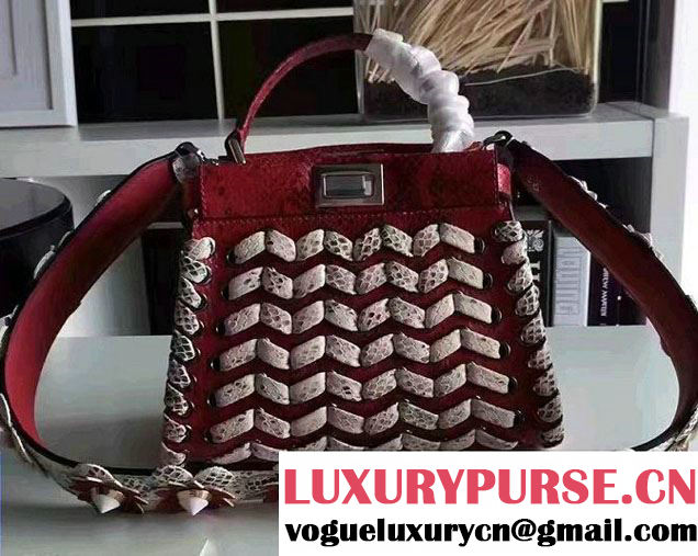 Fendi Python Pattern Interlaced Braided Mini Peekaboo Bag Red 2016