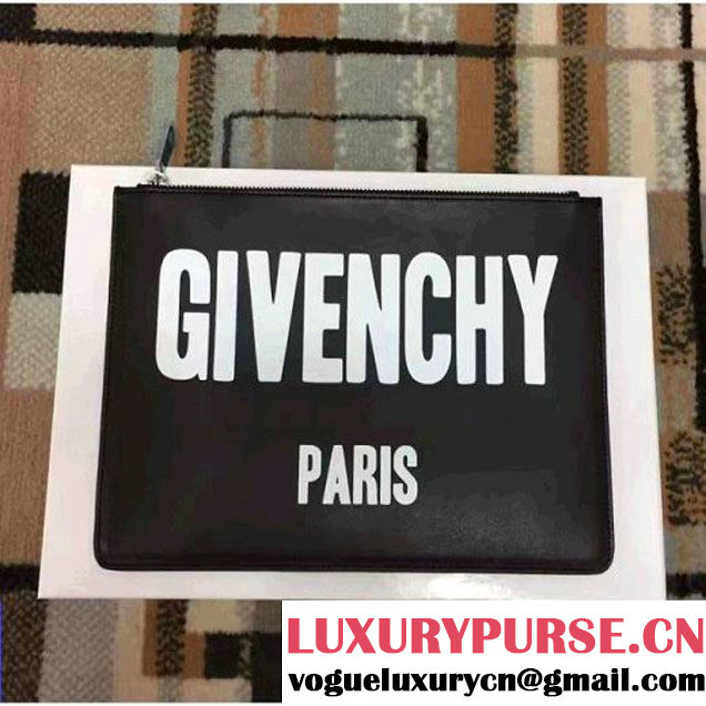 Givenchy Pouch Clutch In Black "Givenchy" Printed Leather 2017 (YS-7032517 )