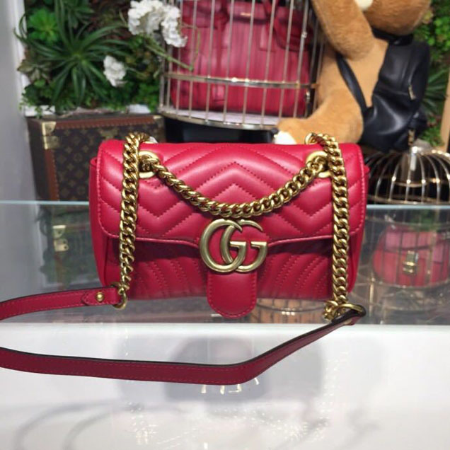 Gucci Marmont Matelasse Shoulder Bag 22cm 443497 Calfskin Leather Spring Summer 2018 Collection Hibiscus Red