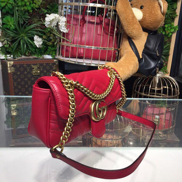 Gucci Marmont Matelasse Shoulder Bag 22cm 443497 Calfskin Leather Spring Summer 2018 Collection Hibiscus Red