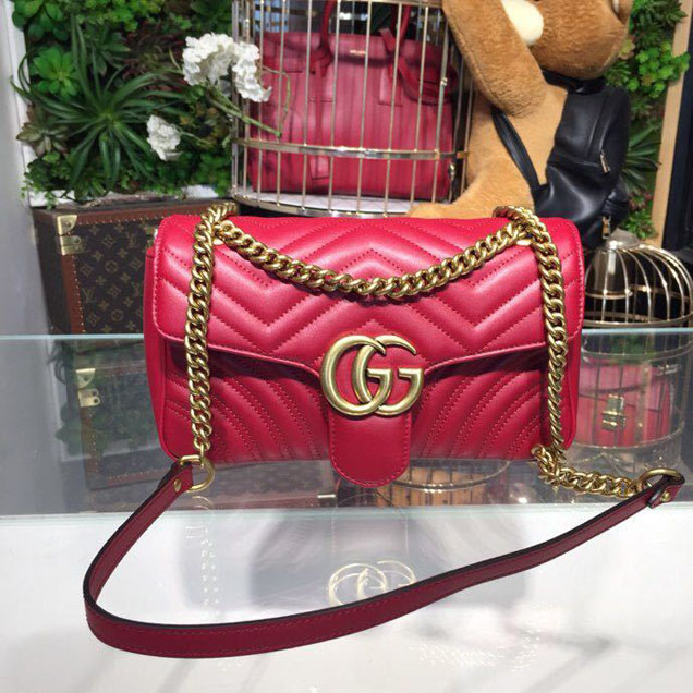 Gucci Marmont Matelasse Shoulder Bag 25cm 443496 Calfskin Leather Spring Summer 2018 Collection Hibiscus Red