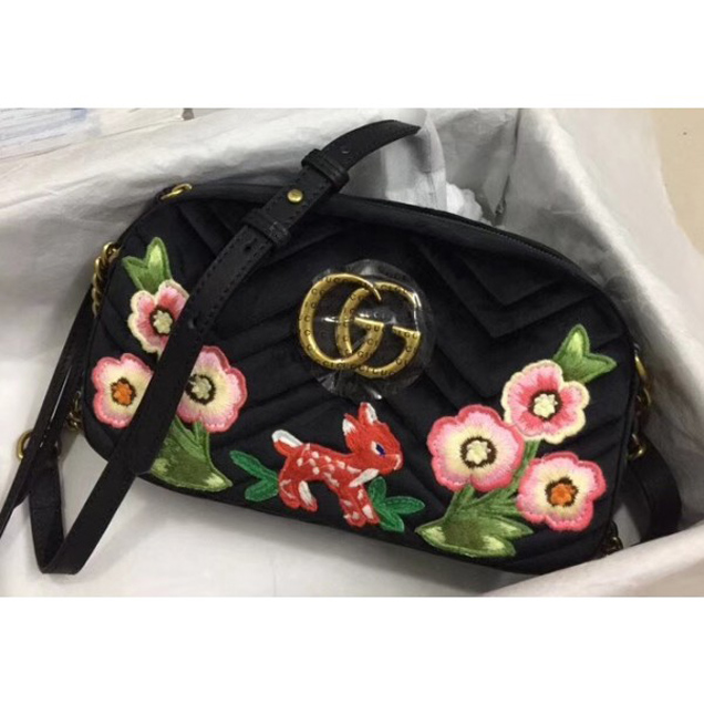 Gucci GG Marmont Chevron Shoulder Small Bag 447632 Velvet Embroidered Fawn And Flowers 2018