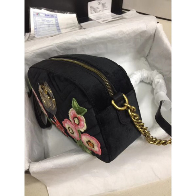 Gucci GG Marmont Chevron Shoulder Small Bag 447632 Velvet Embroidered Fawn And Flowers 2018