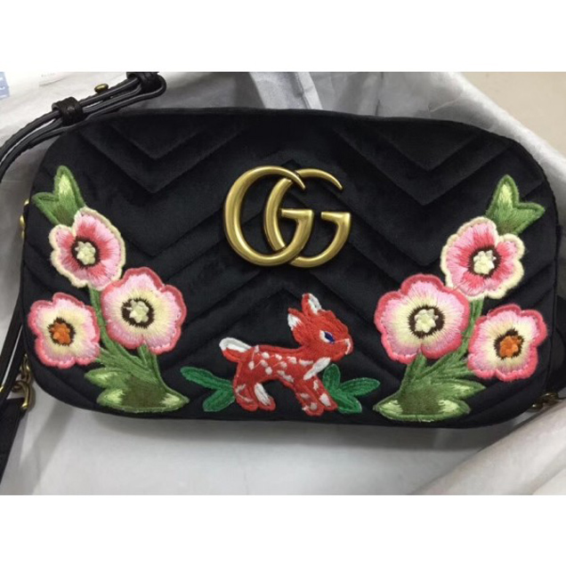 Gucci GG Marmont Chevron Shoulder Small Bag 447632 Velvet Embroidered Fawn And Flowers 2018