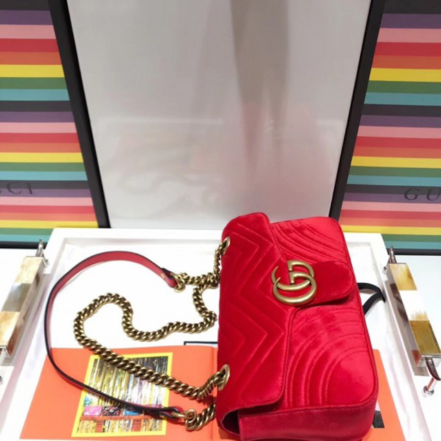 Gucci GG Marmont Matelasse Chevron Small Chain Shoulder Bag 443497 Velvet Red