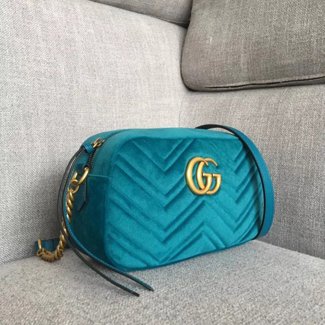 Gucci GG Marmont Chevron Shoulder Small Bag 447632 Velvet Turquoise