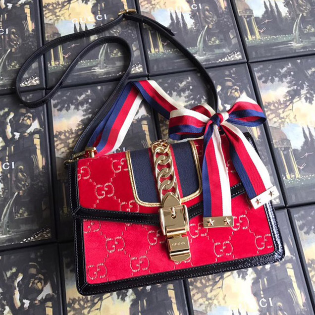 Gucci Sylvie GG velvet small shoulder bag 524405 red