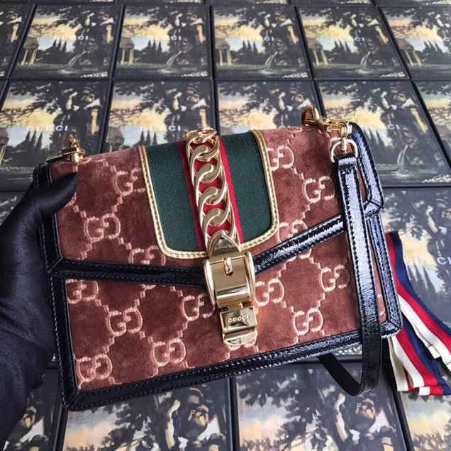 Gucci Sylvie GG velvet small shoulder bag 524405 Chocolates
