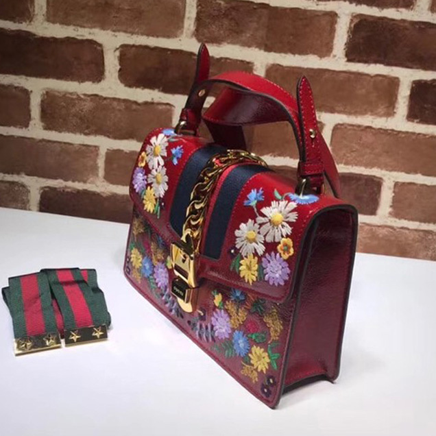 Gucci Sylvie embroidered small shoulder bag 421882 red