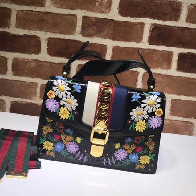 Gucci Sylvie embroidered small shoulder bag 421882 black