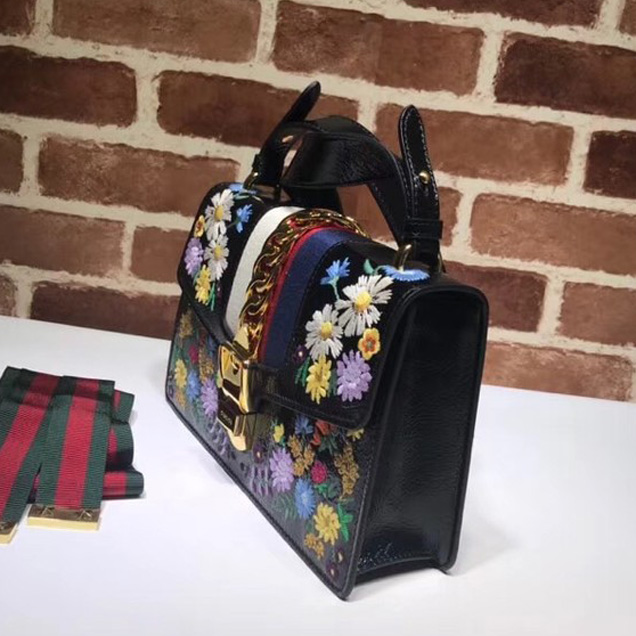 Gucci Sylvie embroidered small shoulder bag 421882 black
