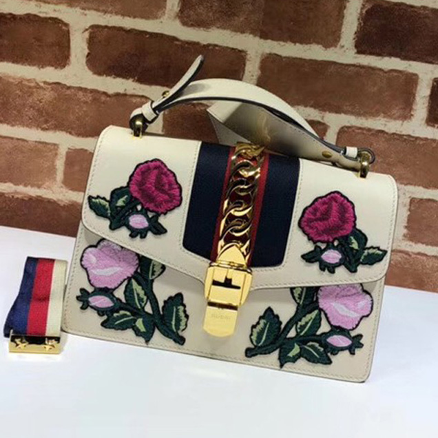 Gucci Sylvie embroidered small shoulder bag 421882 white