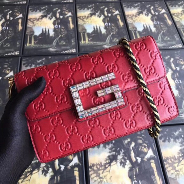 Gucci Signature Leather Shoulder Bag with Square G 544242 Red 2018 Collection