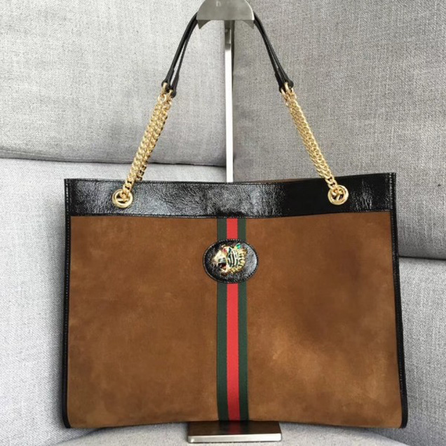 Gucci Large Tote with Tiger Head in Suede and Patent Leather 537219 Brown 2018 Collection