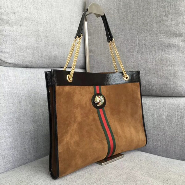 Gucci Large Tote with Tiger Head in Suede and Patent Leather 537219 Brown 2018 Collection