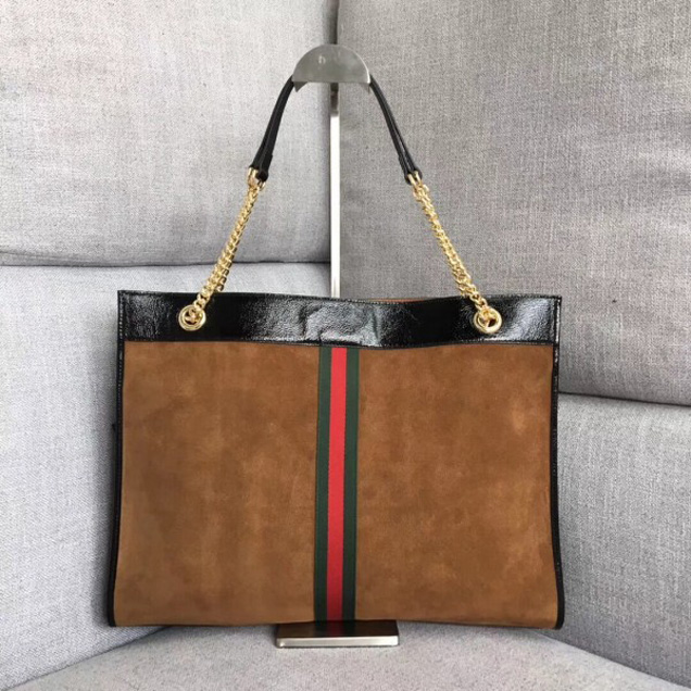 Gucci Large Tote with Tiger Head in Suede and Patent Leather 537219 Brown 2018 Collection