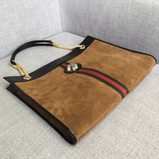 Gucci Large Tote with Tiger Head in Suede and Patent Leather 537219 Brown 2018 Collection