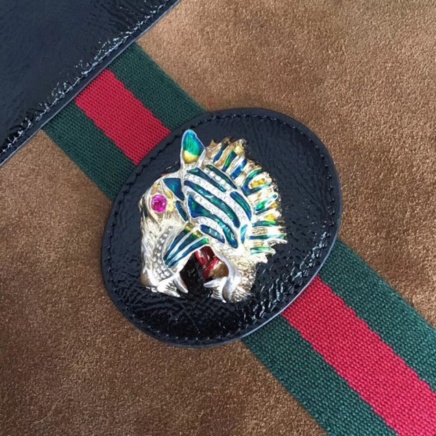 Gucci Large Tote with Tiger Head in Suede and Patent Leather 537219 Brown 2018 Collection