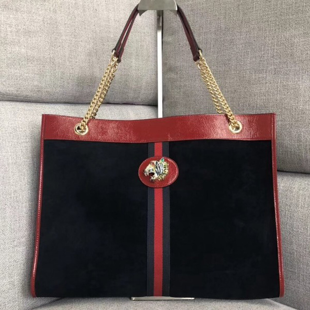 Gucci Large Tote with Tiger Head in Suede and Patent Leather 537219 Black 2018 Collection