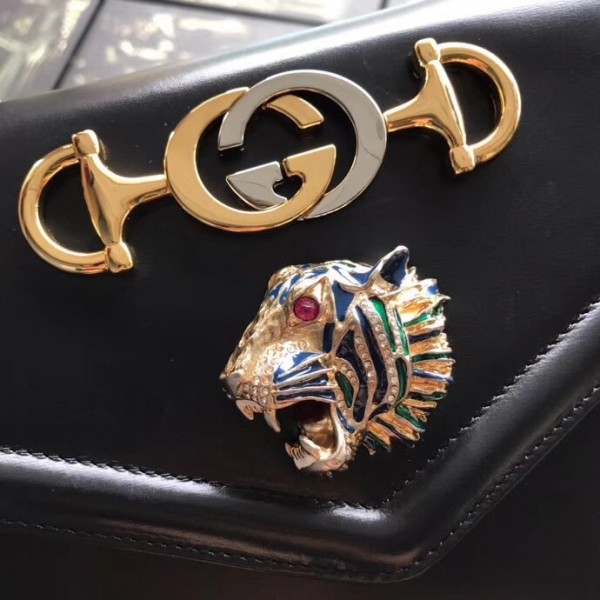 Gucci Medium Shoulder Bag with Tiger Head 537241 Black Leather 2018