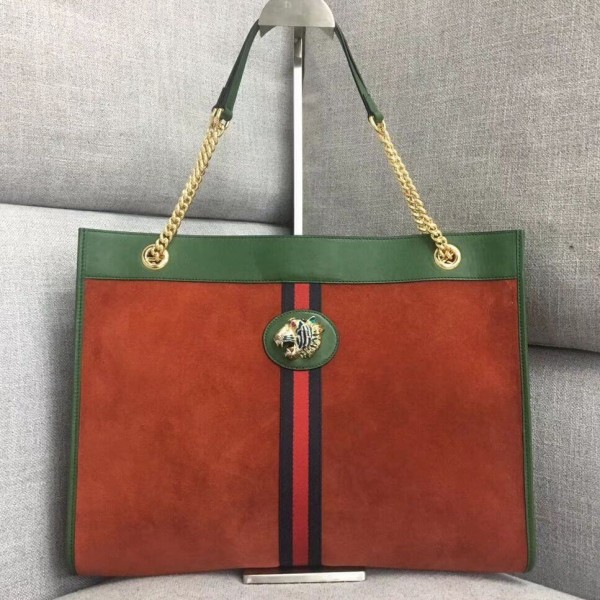 Gucci Large Tote with Tiger Head in Suede and Patent Leather 537219 Orange/Green 2018 Collection