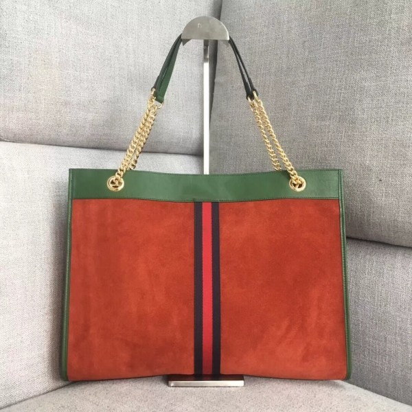 Gucci Large Tote with Tiger Head in Suede and Patent Leather 537219 Orange/Green 2018 Collection
