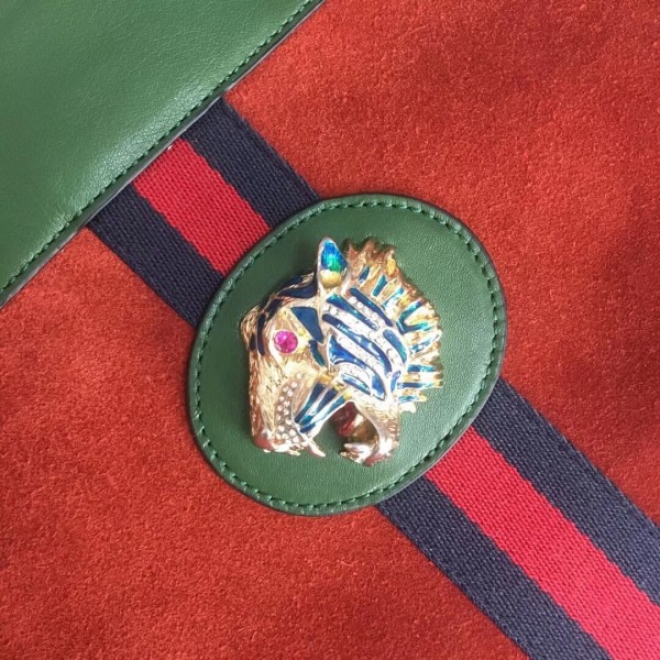 Gucci Large Tote with Tiger Head in Suede and Patent Leather 537219 Orange/Green 2018 Collection