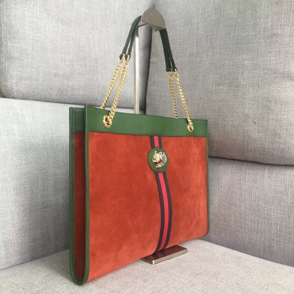 Gucci Large Tote with Tiger Head in Suede and Patent Leather 537219 Orange/Green 2018 Collection
