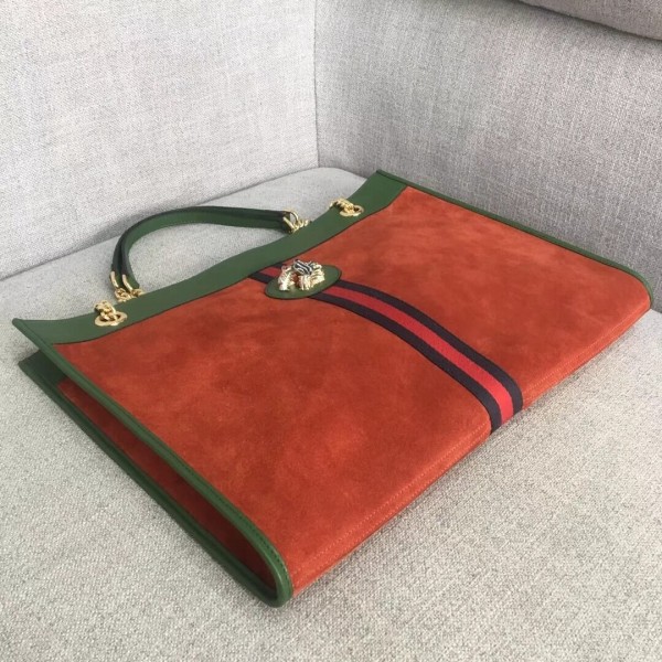 Gucci Large Tote with Tiger Head in Suede and Patent Leather 537219 Orange/Green 2018 Collection