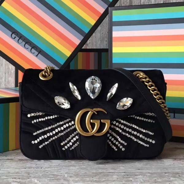 Gucci GG Marmont Velvet Small Shoulder Bag With Crystals 443497 Black 2018 Collection