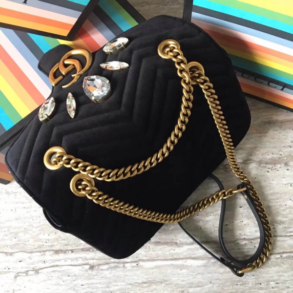 Gucci GG Marmont Velvet Small Shoulder Bag With Crystals 443497 Black 2018 Collection