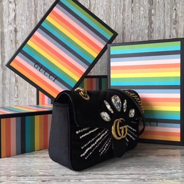 Gucci GG Marmont Velvet Small Shoulder Bag With Crystals 443497 Black 2018 Collection