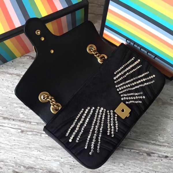 Gucci GG Marmont Velvet Small Shoulder Bag With Crystals 443497 Black 2018 Collection