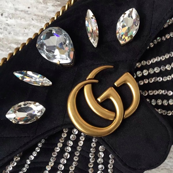 Gucci GG Marmont Velvet Small Shoulder Bag With Crystals 443497 Black 2018 Collection