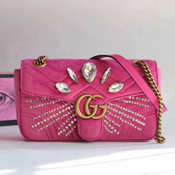 Gucci GG Marmont Velvet Small Shoulder Bag With Crystals 443497 Pink 2018 Collection