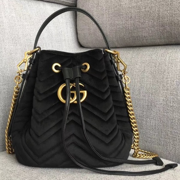 Gucci GG Marmont Quilted Velvet Bucket Bag 525081 Black 2018 Collection