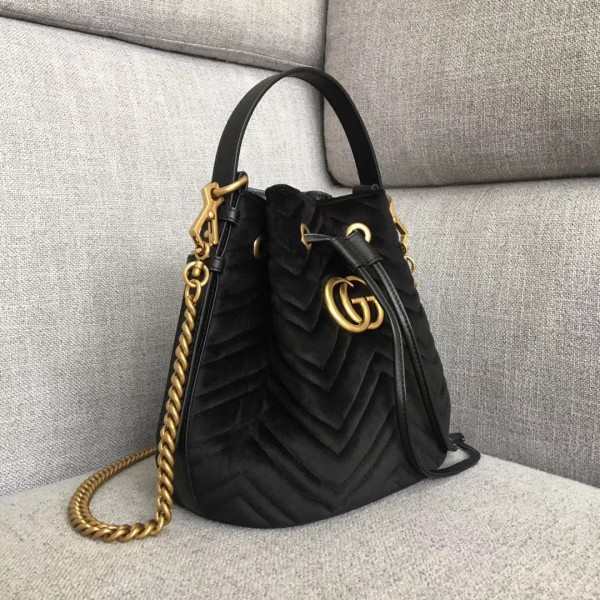 Gucci GG Marmont Quilted Velvet Bucket Bag 525081 Black 2018 Collection