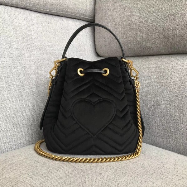Gucci GG Marmont Quilted Velvet Bucket Bag 525081 Black 2018 Collection
