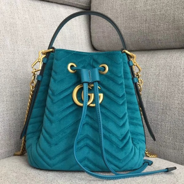 Gucci GG Marmont Quilted Velvet Bucket Bag 525081 Blue 2018 Collection