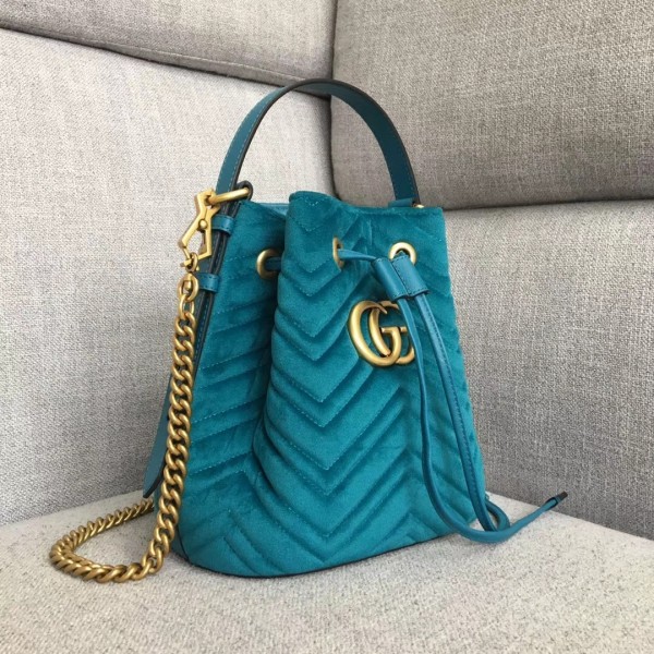 Gucci GG Marmont Quilted Velvet Bucket Bag 525081 Blue 2018 Collection