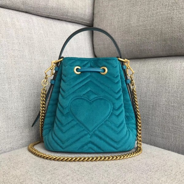 Gucci GG Marmont Quilted Velvet Bucket Bag 525081 Blue 2018 Collection