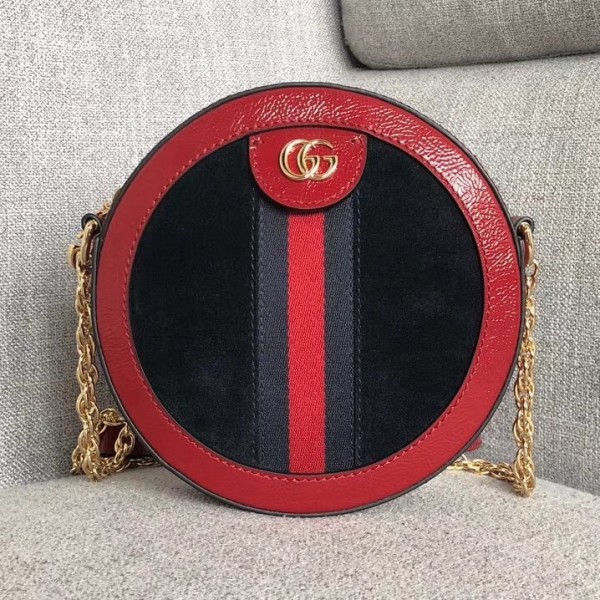 Gucci Suede Ophidia Mini Round Shoulder Bag 550618 Deep Blue/Red 2018 Collection