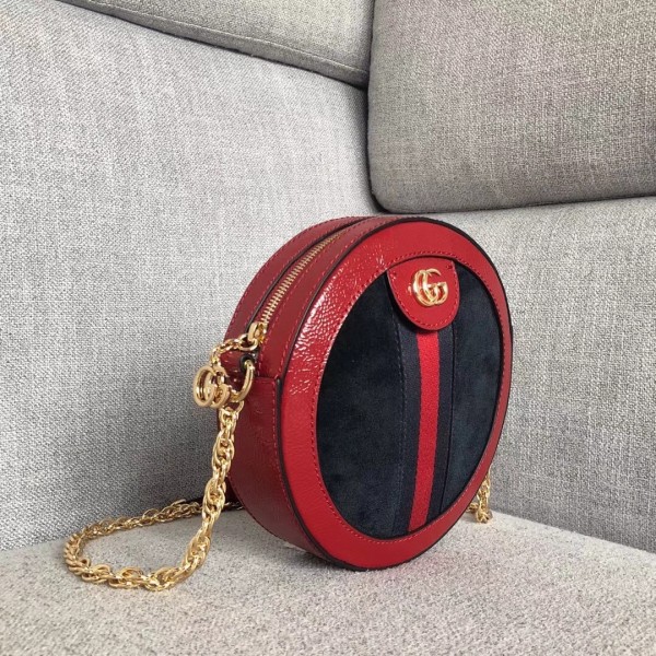 Gucci Suede Ophidia Mini Round Shoulder Bag 550618 Deep Blue/Red 2018 Collection